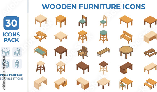 Isometric wooden furniture table and chair flat color vector icons