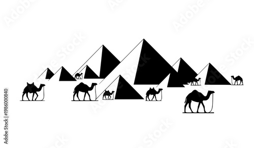 Camels Moving Between Pyramids Black and White Desert Scene Minimal Vector Illustration