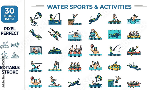Swimming windsurfing and active aquatic sports flat color vector icons