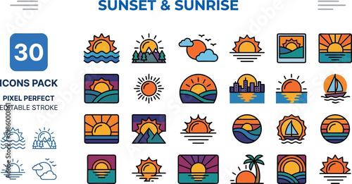 Sunrise sunset and city landscape square badge color line icons