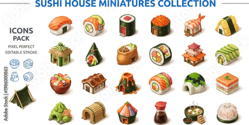 Isometric miniature houses and japanese culture element vector icons