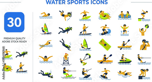 Water sports surfing diving and aquatic activity flat color icons