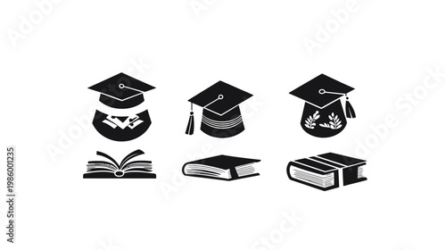 Set of six black and white educational graphics with graduation caps and books