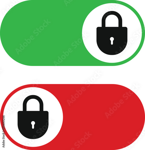 lock and unlock toggle button. Security switch and privacy symbols. Secure and insecure toggle icons. Data protection and safety. Padlock toggle and login symbol
