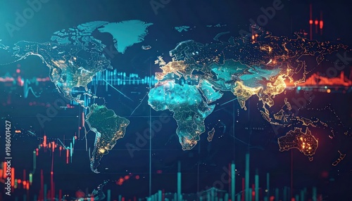 Global Financial Markets and Economic Data Visualization on World Map.
