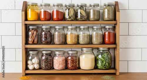A three-tier wooden spice rack mounted on a white subway tile wall, filled with various colorful spices and herbs in uniform glass jars with metal lids.