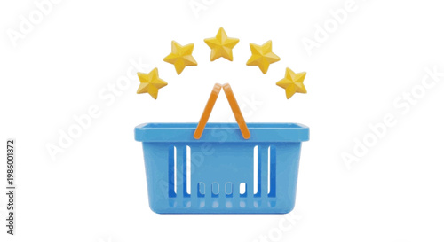 Vector illustration of 3d render of a blue shopping basket with five yellow stars above it on a transparent background