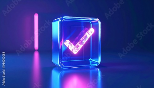 Glowing Neon Check Mark in Transparent Cube with Purple and Blue Lights.