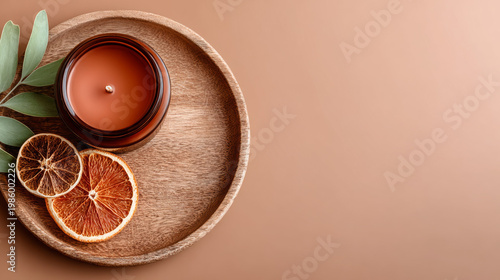 Aromatherapy candle with dried orange slices and leaves on tray  