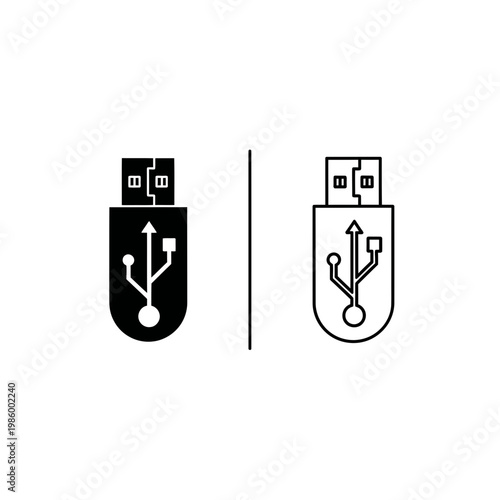 Usb flash drive icon set - solid and outline styles with usb stick thumb drive transfer computer technology hardware equipment portable