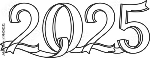 Large stylized number 2025 with decorative ribbons and flourishes