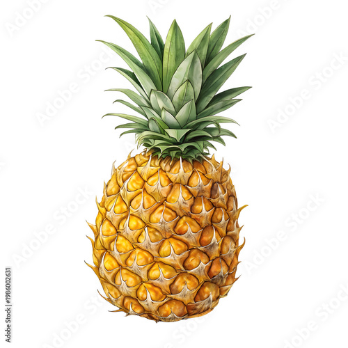 A vibrant pineapple on transparent background with green leaves and yellow skin