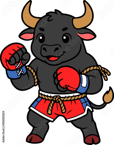 Cute Bull Boxer Cartoon Character Fighting Pose