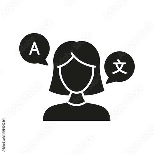 Female Translator With Speech Bubbles Solid Icon. Language Interpretation And Multilingual Communication Silhouette Symbol. Translation Services. Isolated Vector Illustration