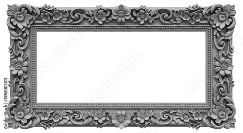 Ornate gray floral carved picture frame isolated on white.
