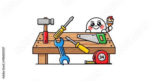 Cute cartoon character with tools on a workbench