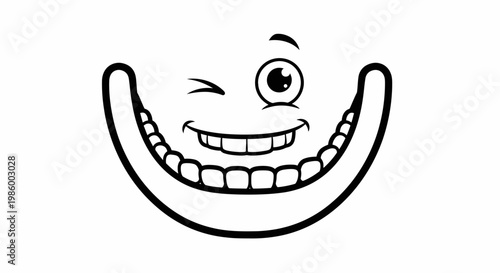 Funny cartoon face winking and smiling broadly, black and white line art.
