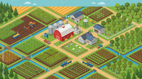 Isometric Farm Landscape with Barns and Crops.