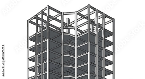 Construction of a building frame with steel beams and columns.