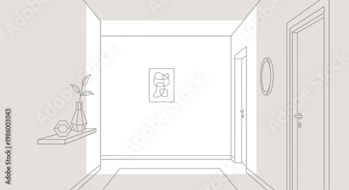 Minimalist hallway interior with abstract art and shelf decor.