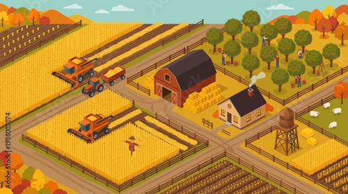 Isometric Farm with Barn House and Combine Harvesters.