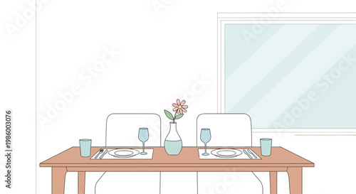 A romantic dinner setting for two with a flower vase.