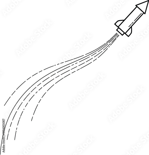 A simple line drawing of a rocket ship blasting off into space with trails