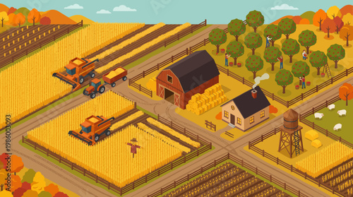 Isometric Farm Scene with Combine Harvesters and Agricultural Buildings.