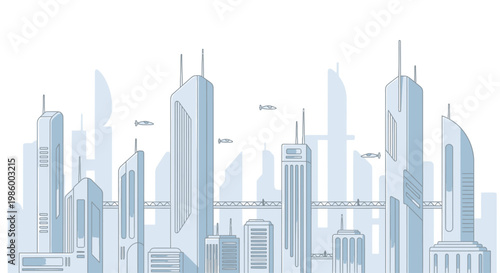 Futuristic City Skyline with Flying Vehicles and Modern Buildings Illustration