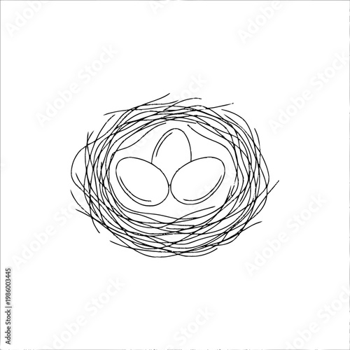 Outline Drawing of a Bird Nest with Three Eggs. Simple Spring Nature Illustration. Minimalist Vector Art.