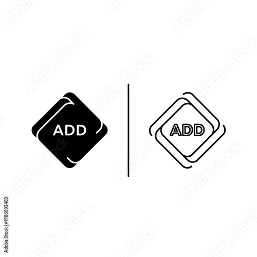 Add button icon and square diamond plus symbol in solid and outline styles for digital interface design with interface geometric creative software