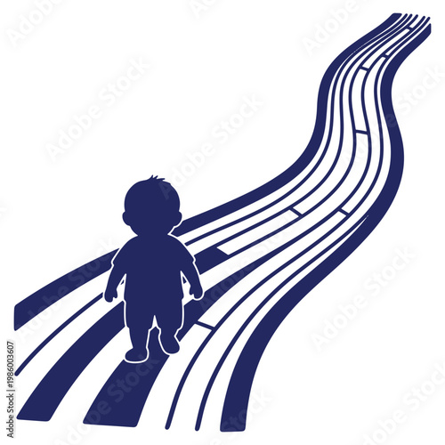 Baby silhouette walking on a musical road representing lifes journey and early childhood development against a white background