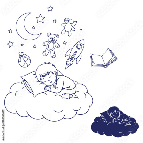 Boy sleeping soundly on a cloud surrounded by dream imagery evoking childhood wonder and imagination