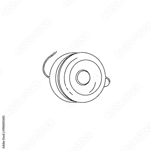 Minimalist black and white line art of a classic yo-yo toy with string. Simple outline drawing isolated on a white background.