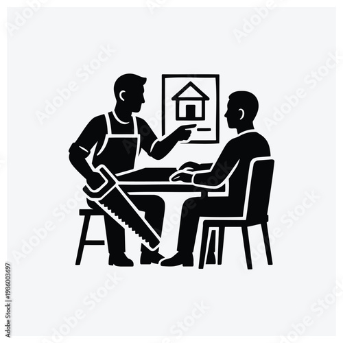 Carpenter and client discussing home renovation or interior design plans