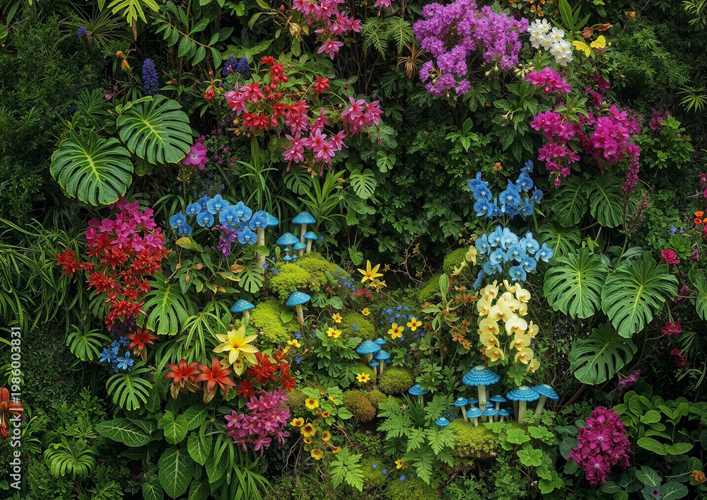 Naklejka premium Luxuriant vertical garden wall with colorful tropical flowers, blue orchids, magic mushrooms, and Monstera leaves in an enchanted forest background