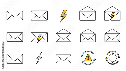 Comprehensive set of diverse envelope, lightning bolt, and refresh/warning symbols, representing fast communication, alerts, and updates.
