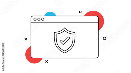 Minimalist illustration of a browser window displaying a shield with a checkmark, symbolizing secure browsing and internet protection.