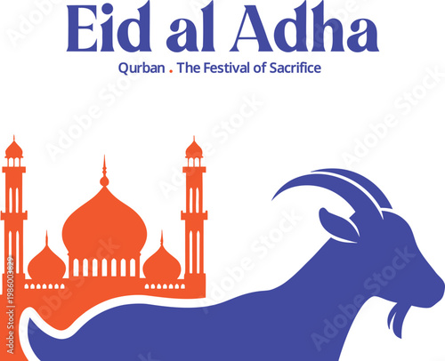 Canvas-taulu Eid al Adha Mubarak concept with goat silhouette and mosque flat vector illustra