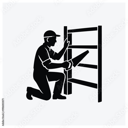 Silhouette of a carpenter sawing wood on a ladder