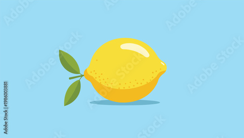 Simple and vibrant illustration of a single fresh lemon with green leaves on a light blue background, symbolizing citrus and healthy food.