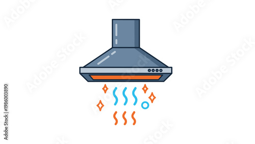 Colorful illustration of a kitchen hood extracting warm steam with a glowing orange light, symbolizing ventilation, clean air, and cooking.