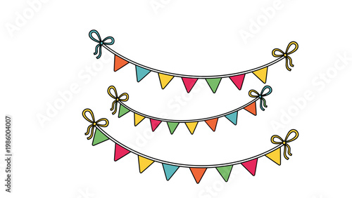 Cheerful illustration of three rows of colorful party banners and bunting, symbolizing celebration, festivity, events, and joyous occasions.
