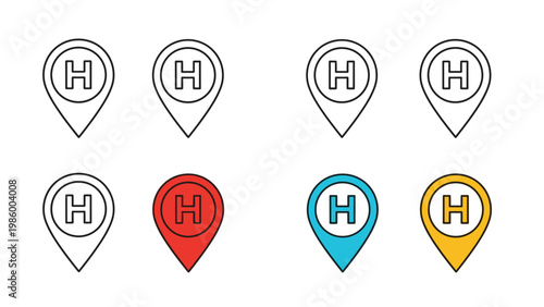Extensive collection of map pins with "H" symbol inside, representing hospital locations, healthcare facilities, and medical services.