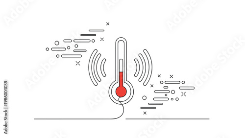 Minimalist one-line illustration of a thermometer with radiating wavy lines, symbolizing temperature measurement, heat, and warmth.