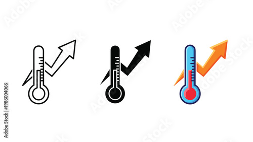 Three distinct thermometer icons with an upward arrow in outline, filled, and colorful styles, symbolizing rising temperature and global warming.