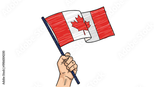 Hand holding a Canadian flag aloft, depicted with a textured, scribbled style, symbolizing national pride and patriotism.