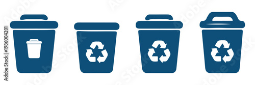 trash can and recycling bin icon set for waste management and environmental design elements. bin icon set with trash garbage waste disposal and recycle container symbols collection. Dustbin, bucket. 