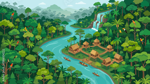 Lush Amazonian rainforest with river and traditional village huts.