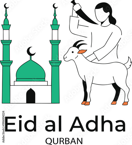 Eid al Adha Qurban Illustration with Mosque Man and Goat Sacrifice Concept